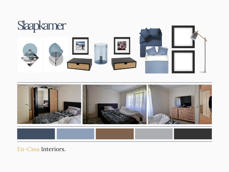Slaapkamer moodboard met rustige blauwtinten, natuurlijke houtaccenten en een lichte basis voor een kalme, moderne sfeer – interieuradvies & styling door En-Casa Interiors.