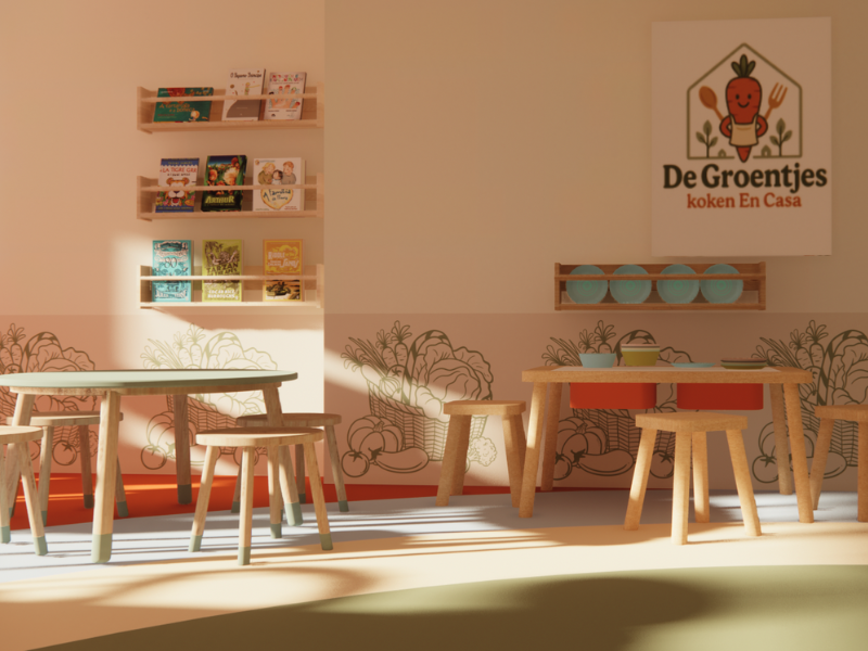 Kindermaat ingerichte hoek bij De Groentjes: koken en casa, waar leeshoek, speelhoek en eethoek samenkomen in één rustige, overzichtelijke ruimte. Met lage tafels en stoelen op kinderhoogte, een boekenwand en speelse details kunnen kinderen hier zelf