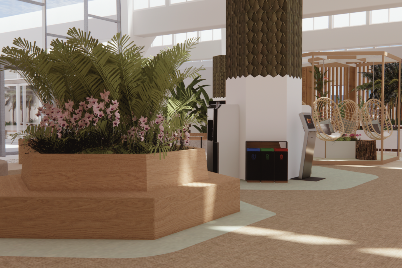 3D-visualisatie van de ontvangsthal bij Groots Adviesgroep met een houten zitbank rond een groen-eiland. De combinatie van warme houttinten, zachte vloervormen en weelderige beplanting brengt het parkgevoel naar binnen en maakt de ruimte meteen vrien