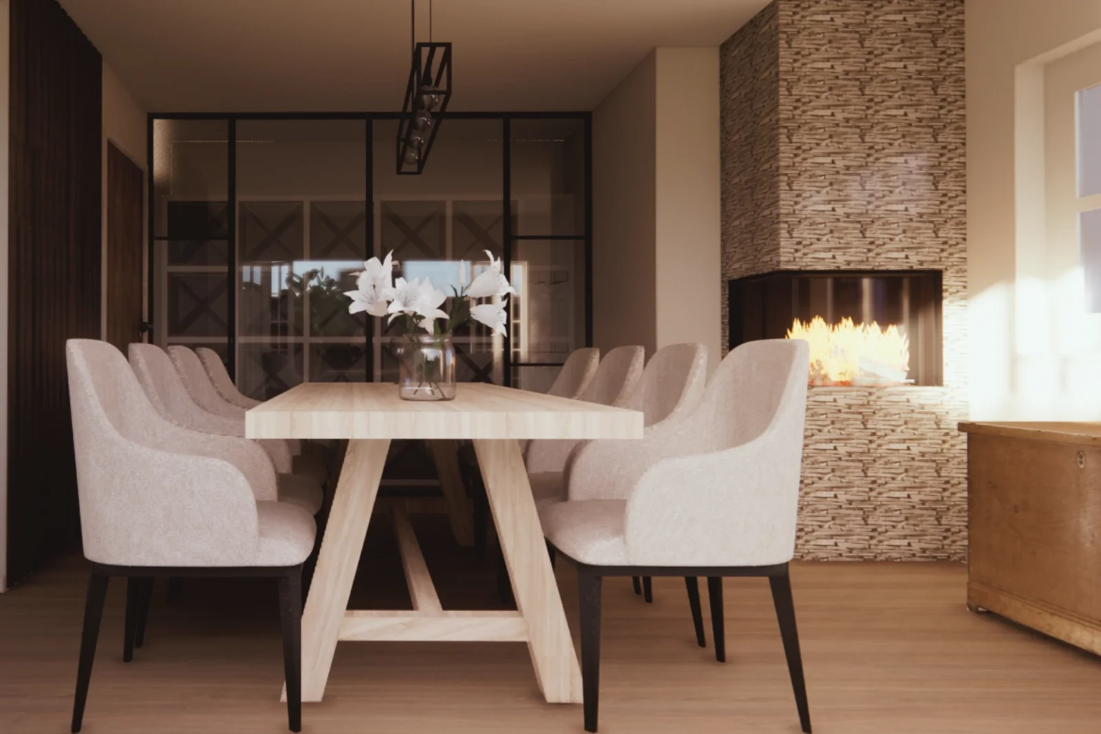 Sfeerimpressie vanaf de tuin van een moderne eetkamer met harmonica tuindeuren, een lichte eettafel en zachte beige stoelen, een zwarte designlamp en een openhaard met steenafwerking als warme blikvanger. De glazen wijnkast en het vele daglicht zorge