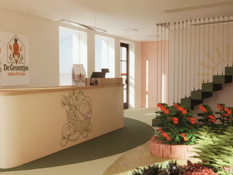 Zonnige entree van De Groentjes: koken en casa, met een zachte receptiebalie in beige tinten en een speelse groente-illustratie. Het ronde groenvlak in de vloer en de plantenborder zorgen voor rust en balans, terwijl het daglicht de ruimte warm en ui