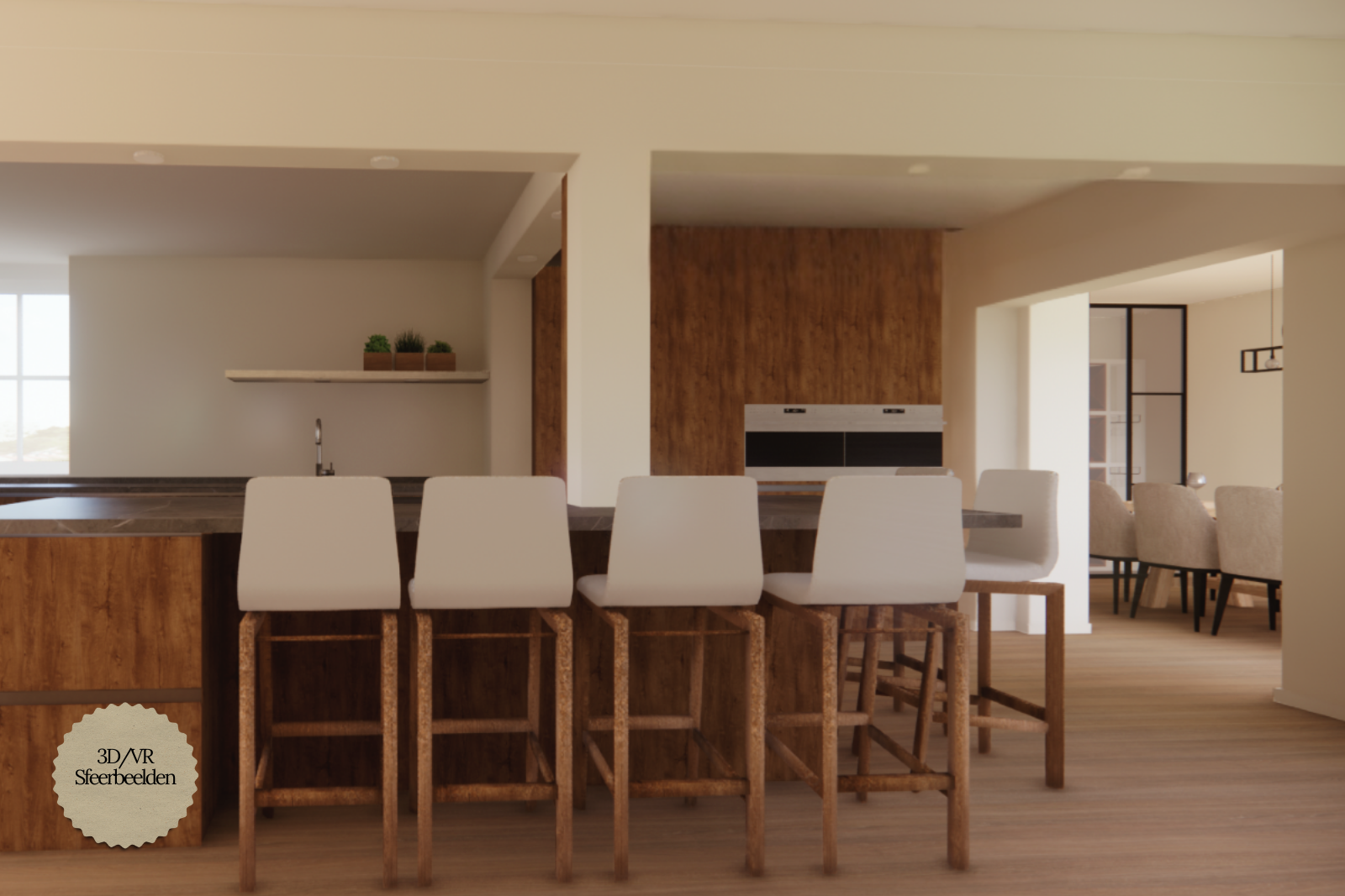 Moderne, minimalistische keuken met een ruim kookeiland, zes witte barkrukken en warme houtaccenten. Lichte tinten en een open indeling zorgen voor een rustige, stijlvolle uitstraling. 3D/VR Sfeerimpressie