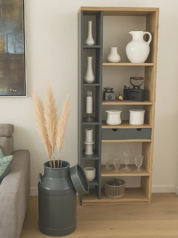 Deze foto toont een sfeervol gestylde hoek uit de woonkamer & eetkamer make-over met een open houten kast en rustige accessoires in neutrale tinten. Het warme hout geeft de ruimte een natuurlijke basis, terwijl keramiek en decoratie in wit en zwart z