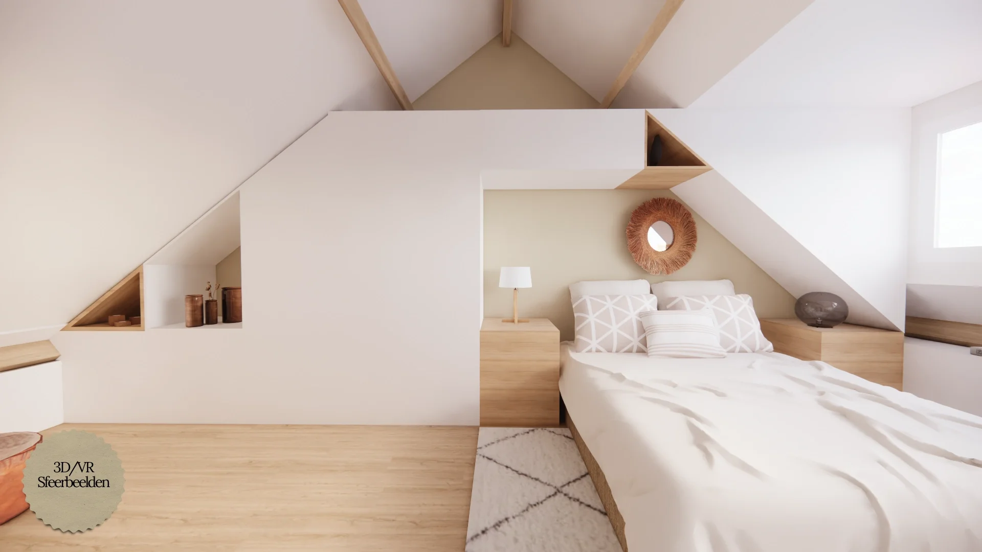 Deze 3D/VR sfeerimpressie toont een rustige zolderslaapkamer waarin maatwerk optimaal gebruikmaakt van de schuine kap. De combinatie van lichte houttinten, zachte beige kleuren en geïntegreerde opbergnissen zorgt voor een warme, serene uitstraling me