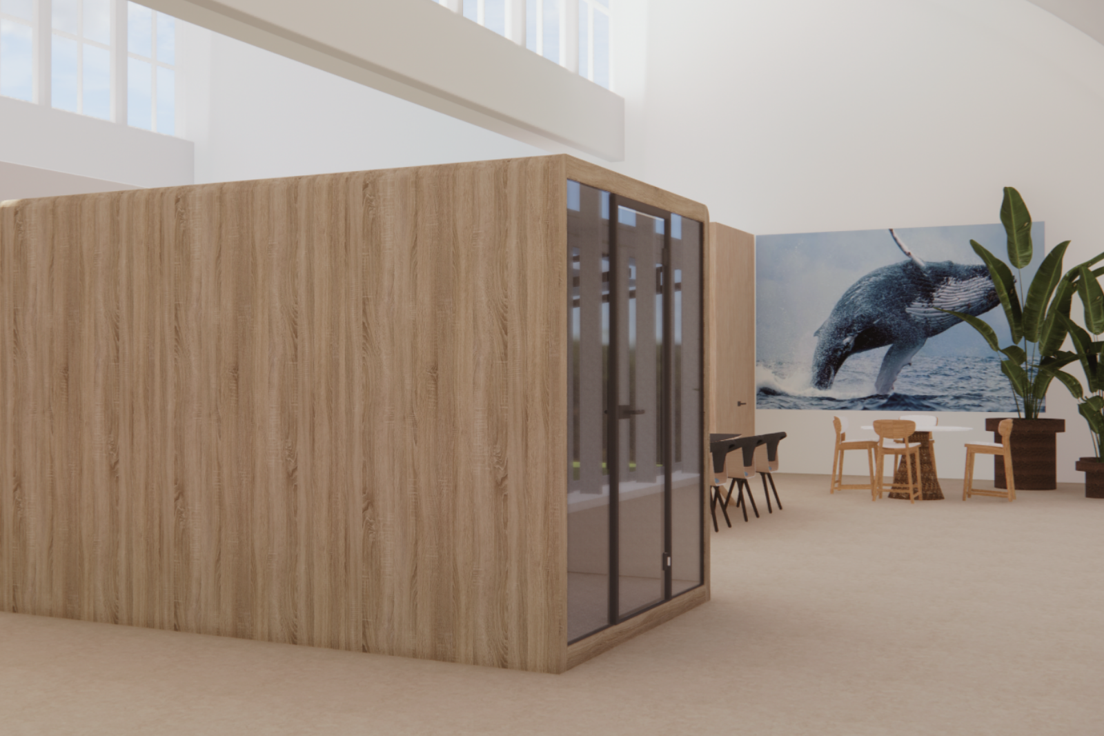 3D-visualisatie van een houten focus booth in de werkomgeving van Groots Adviesgroep, ontworpen voor ongestoord online werken en (video)vergaderen. De warme houtafwerking maakt de booth rustig en uitnodigend, terwijl de glazen pui zorgt voor licht en