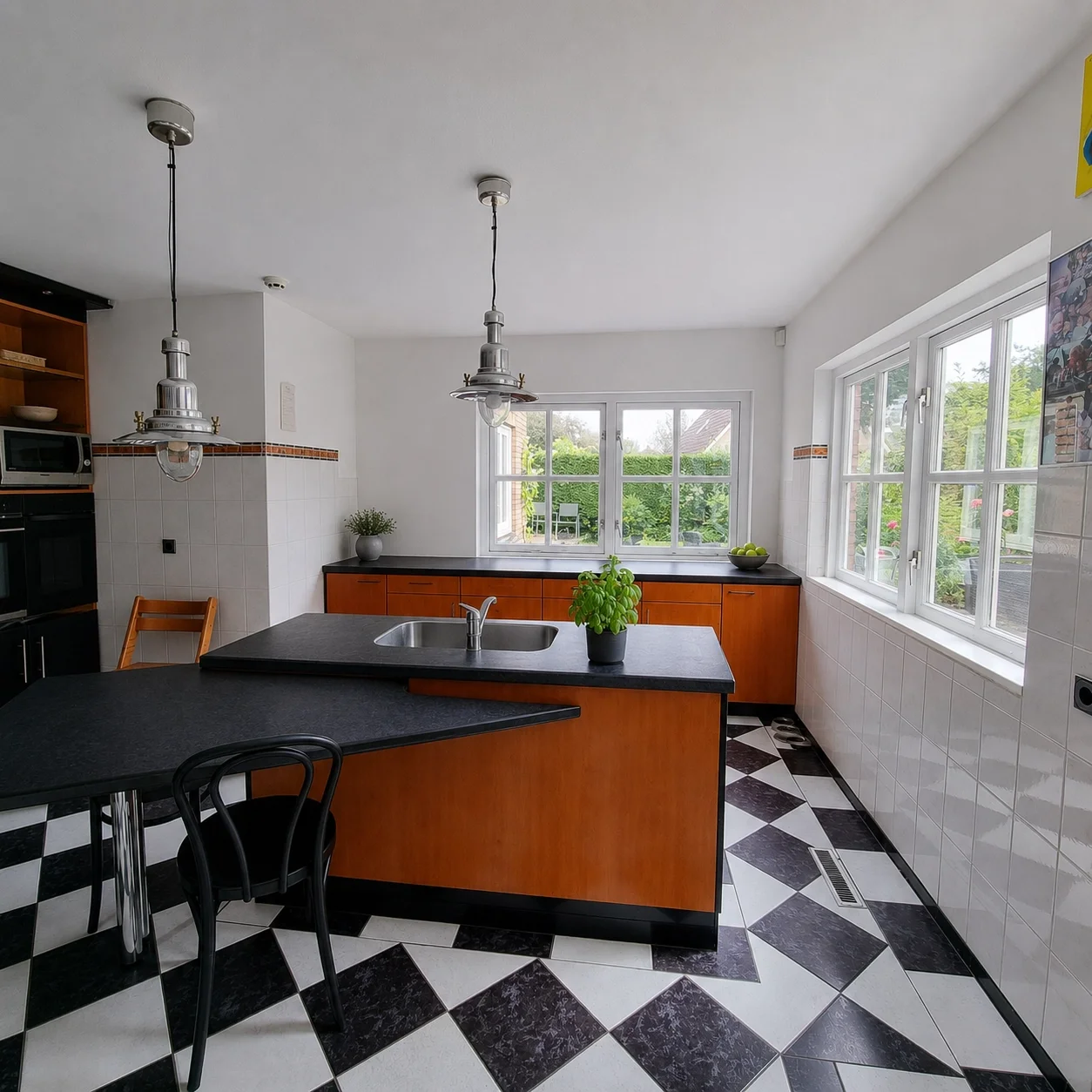 Before foto met doorkijk naar de keuken door een ronde boogdoorgang, met zwart-witte tegelvloer, houten keukenkasten en veel daglicht. De ruimte oogt functioneel en licht, maar mist nog een rustige eenheid en samenhang met de rest van de begane grond