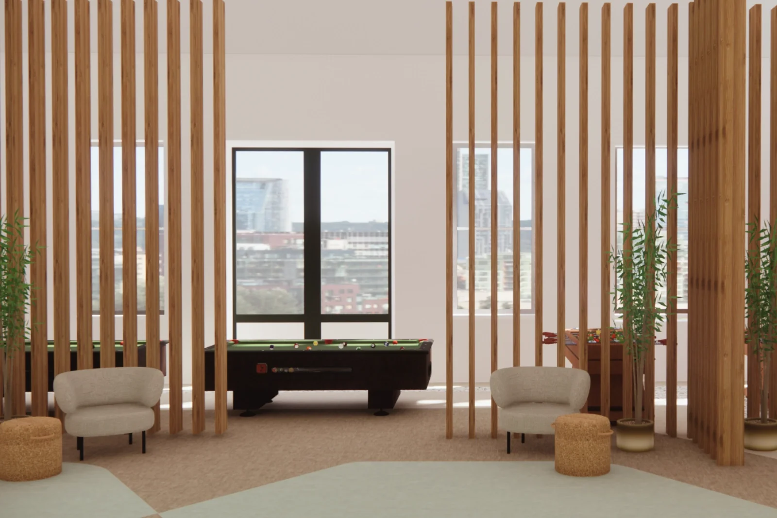 3D-visualisatie van een ontspanningshoek in de entree van Groots Adviesgroep, afgeschermd met een warme houten lamellenwand. De open latstructuur geeft privacy zonder de ruimte te sluiten, waardoor licht en zichtlijnen behouden blijven. Met zachte lo