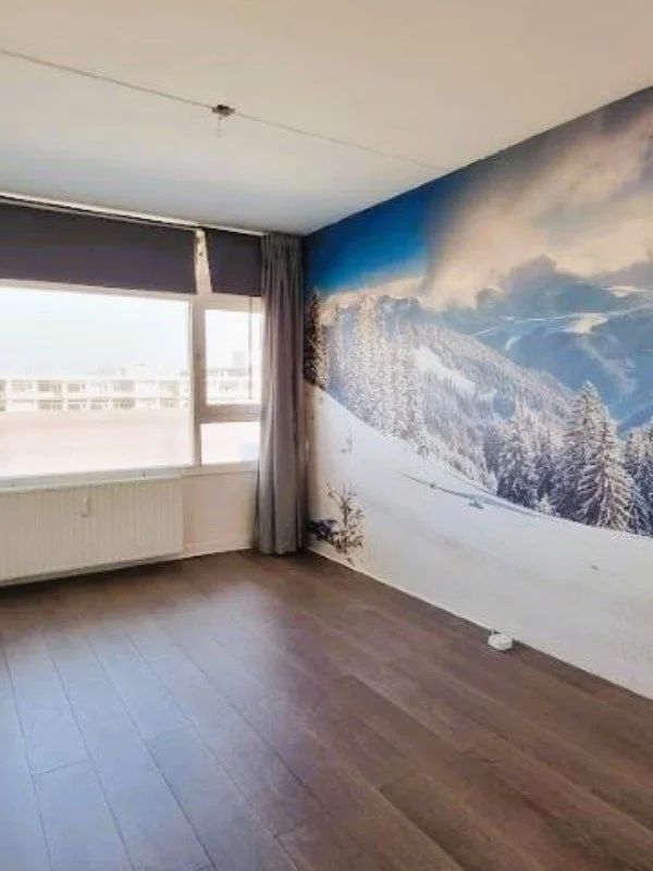 Before: lege kamer met opvallend berg-fotobehang en donkere vloer. Startpunt voor een make-over naar een rustige, warme basis.