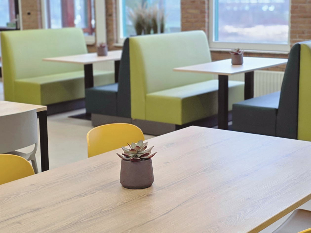 Een sfeervol detail van de kantine met een lichte houten tafel en een klein plantje als warm accent. Op de achtergrond zorgen de groen-gele treinbanken en strakke tafels voor een rustige, comfortabele zithoek. Het daglicht en de neutrale basis maken 