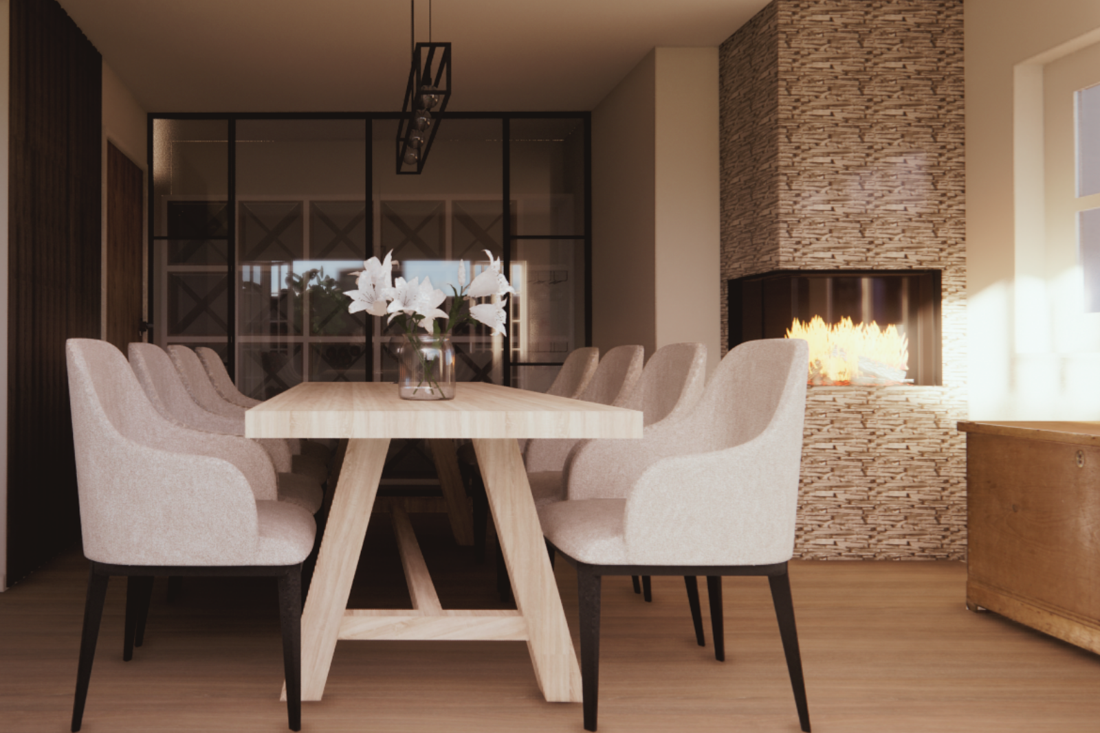 Sfeerimpressie vanaf de tuin van een moderne eetkamer met harmonica tuindeuren, een lichte eettafel en zachte beige stoelen, een zwarte designlamp en een openhaard met steenafwerking als warme blikvanger. De glazen wijnkast en het vele daglicht zorge