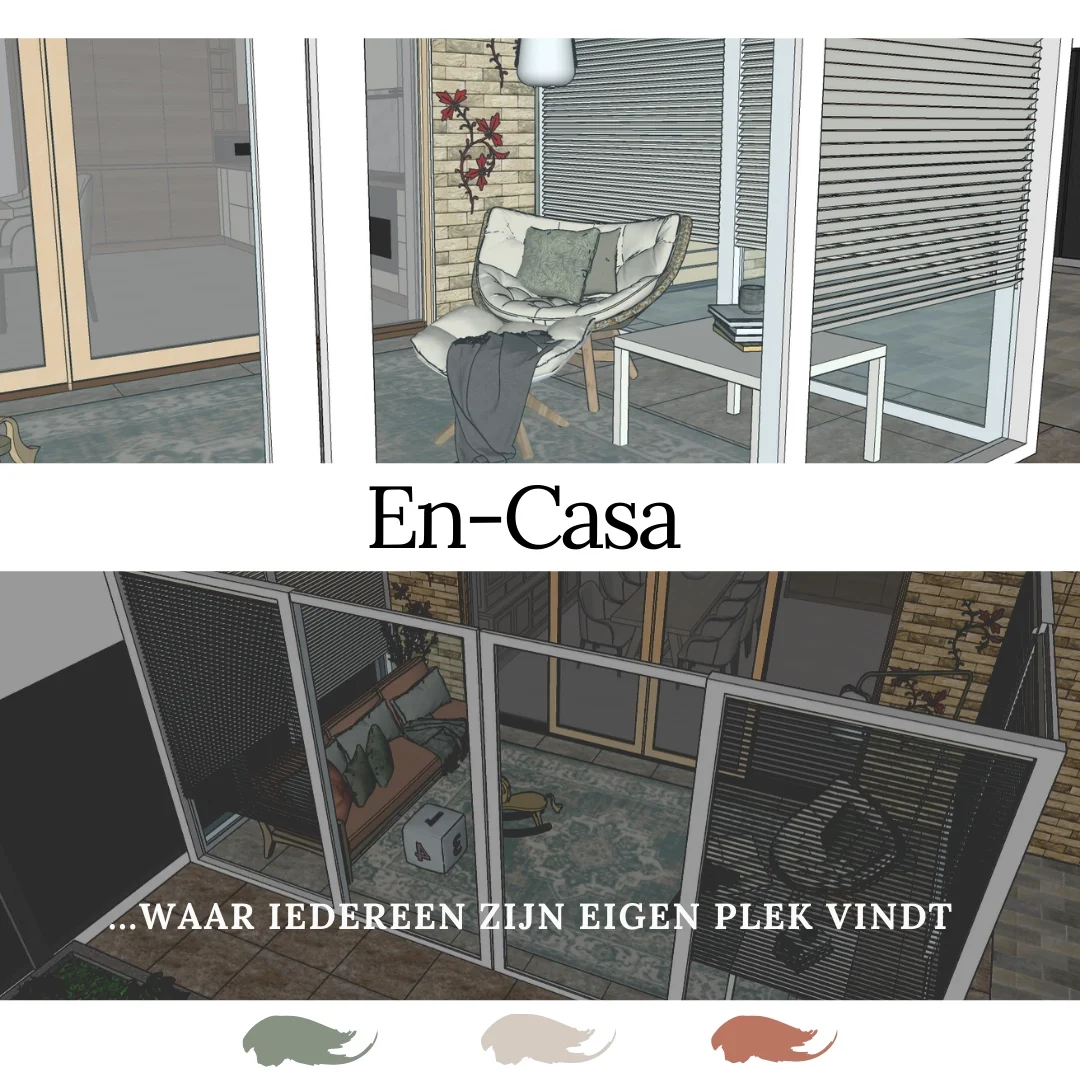 3D ontwerp van een sfeervolle veranda met comfortabele zithoek, warme materialen en slimme zonwering, ontworpen door En-Casa als een rustige plek om te ontspannen en te genieten van het buitenleven.  Interieuradvies, interieurontwerp en styling door 