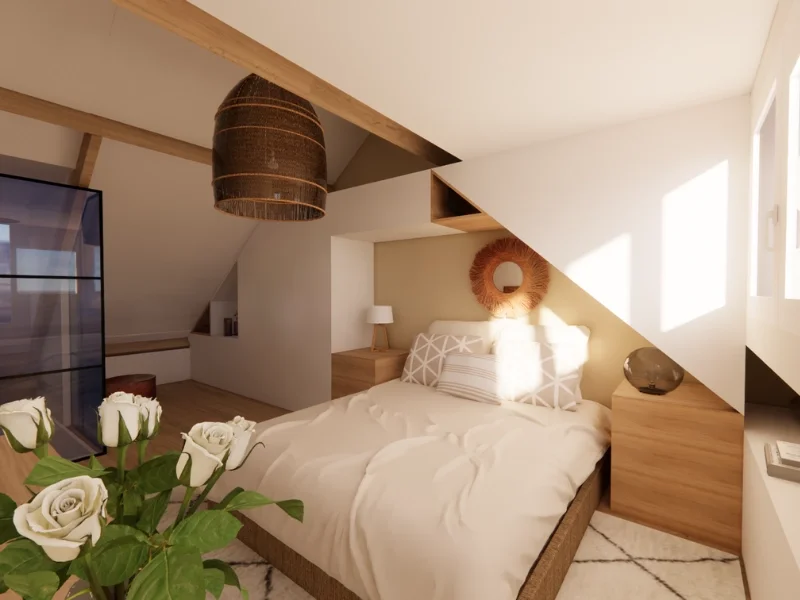 Deze 3D/VR sfeerimpressie toont een sfeervolle zolderslaapkamer met een maatwerk bedombouw die perfect aansluit op de schuine kap. Zachte beige tinten, lichte houtaccenten en natuurlijke materialen zorgen voor een rustige en warme uitstraling, terwij