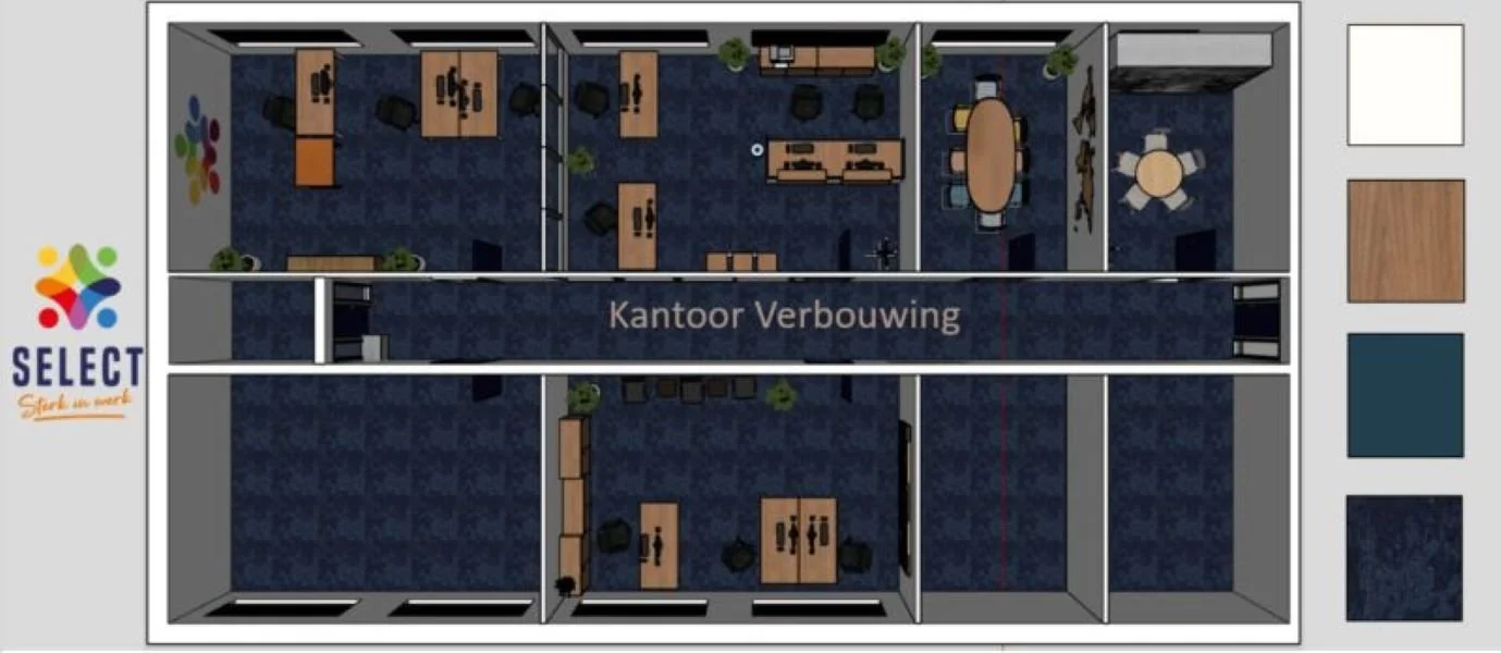 Kantoorverbouwing Select Uitzendbureau (Uitgeest): indelingsplan en ontwerpvisual met kleur- en materiaalkeuzes. Ontwerp door En-Casa.