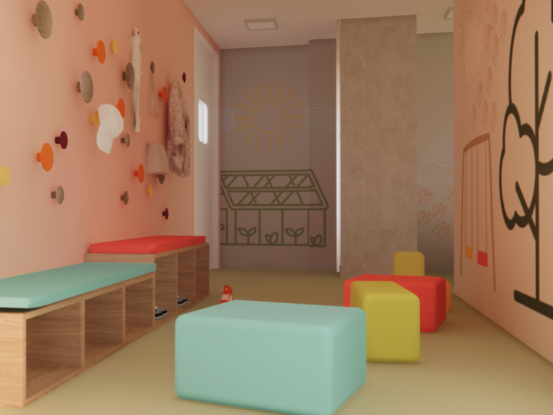 Kindvriendelijke ruimte bij De Groentjes: koken en casa, met kapstok en een fijne speelplek waar alles draait om gemak en plezier voor kinderen. Zachte kleuren, speelse vormen en lage zitjes zorgen voor een rustige, veilige sfeer, terwijl de indeling