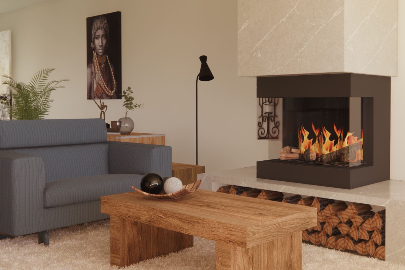 Moderne zithoek met een strakke hoekhaard als blikvanger, warme houten salontafel en opbergruimte voor haardhout. Neutrale tinten, zachte materialen en minimalistische styling zorgen voor een rustige, gezellige sfeer. 3D/VR sfeerimpressie.