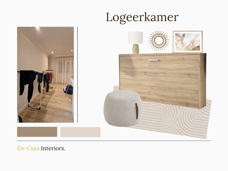 Logeerkamer moodboard met lichte houttinten, zachte neutrale kleuren en minimalistische accessoires voor een warme, rustige uitstraling – interieuradvies & styling door En-Casa Interiors.