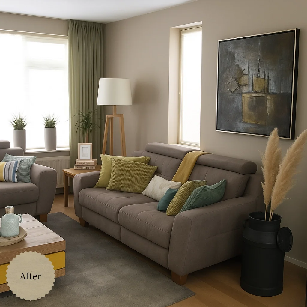 Deze foto laat de vernieuwde zithoek zien uit het project woonkamer & eetkamer make-over. De basis is rustig en warm, met een taupe bank en natuurlijke tinten. Kleuraccenten in groen en oker zorgen voor meer levendigheid, zonder dat het druk wordt. H