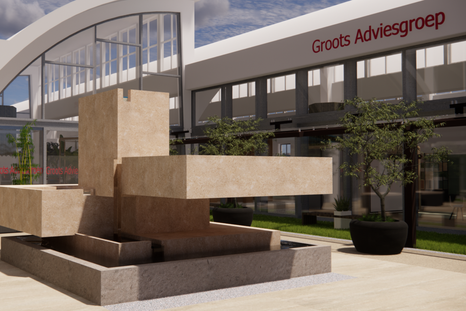 3D-visualisatie van de sculpturale waterpartij op het binnenplein van Groots Adviesgroep. De strakke, geometrische vormen in warme natuursteen geven het plein een rustige, luxe uitstraling en vormen een sterk middelpunt bij binnenkomst. Rondom zorgen