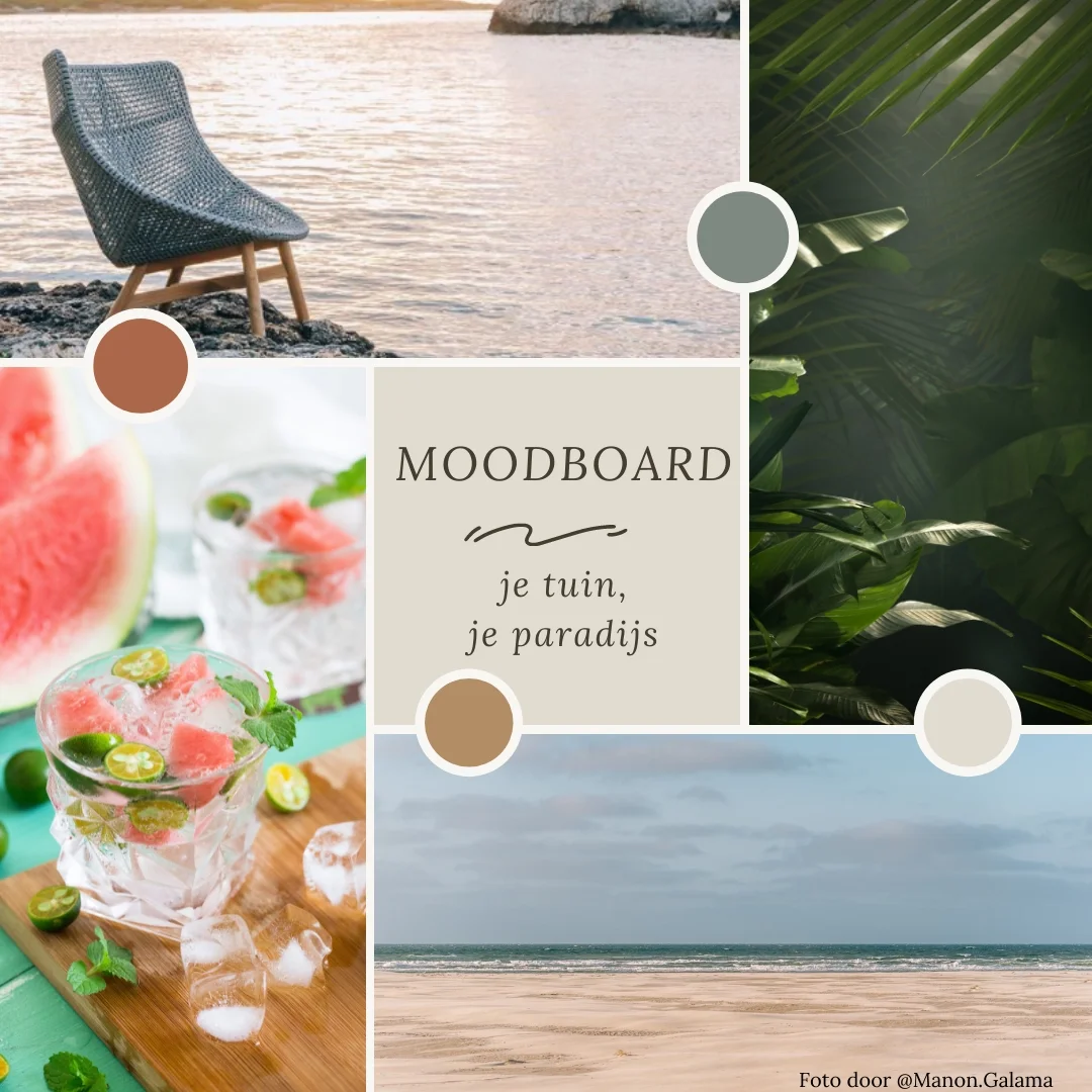 Moodboard voor het veranda-project: een lichte, groene buitenruimte met natuurlijke materialen en mediterrane sfeer. Een veranda als verlengstuk van je en casa.  Interieuradvies, interieurontwerp en styling door En-Casa Interiors in Noord-Holland.