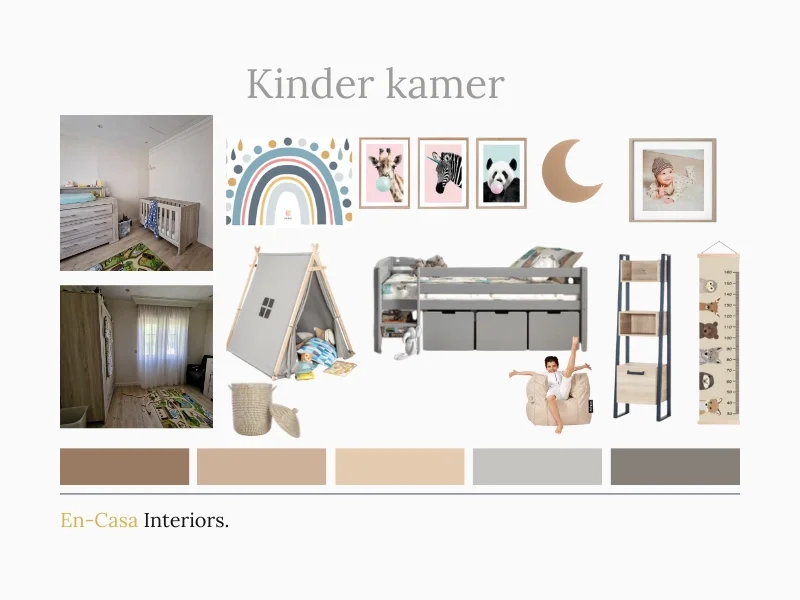 Kinderkamer moodboard met zachte, neutrale tinten, speelse regenboogdetails en natuurlijke materialen voor een rustige, gezellige en kindvriendelijke sfeer – interieuradvies & styling door En-Casa Interiors.