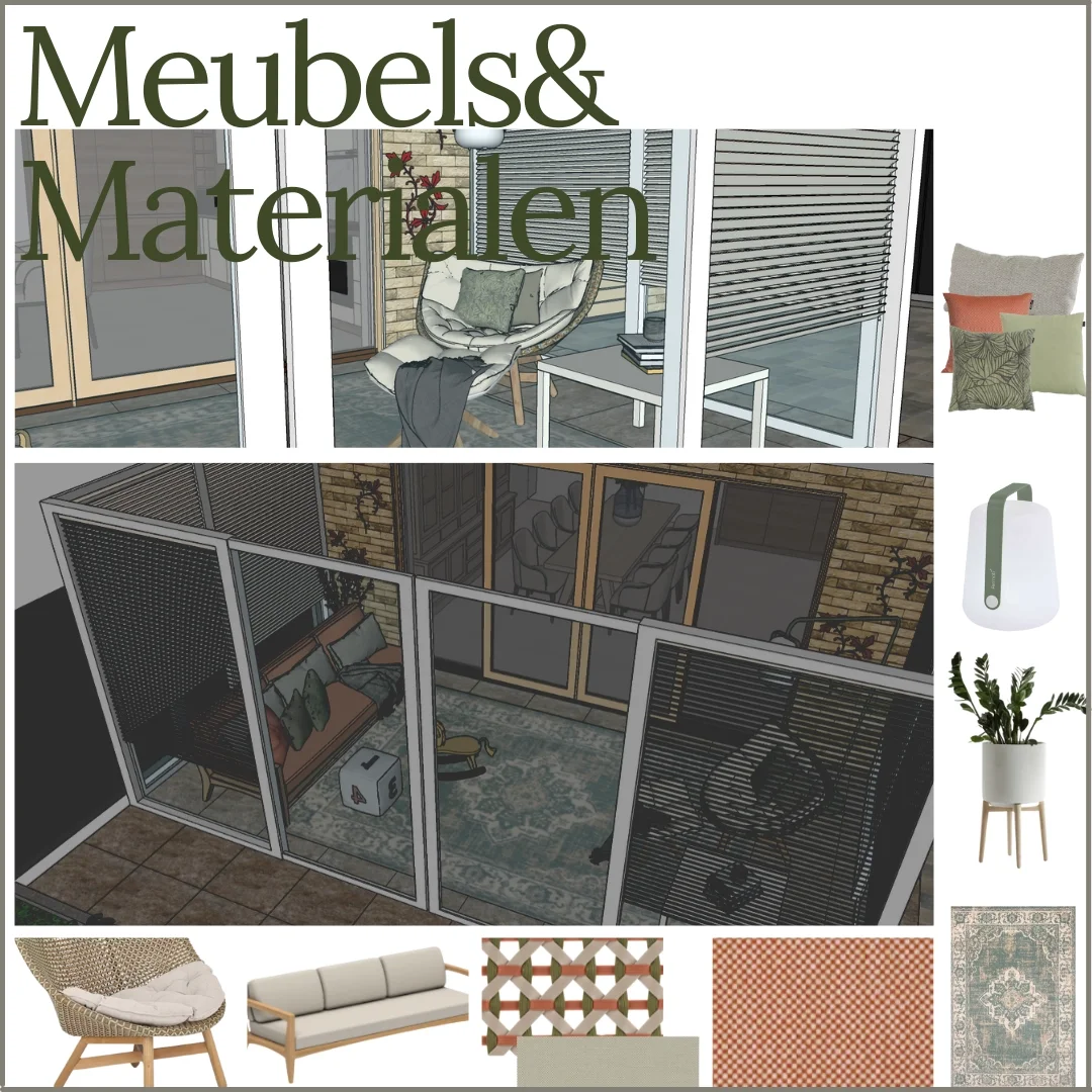 Meubels & materialen moodboard voor de veranda: SketchUp ontwerpvisual met kleurenpalet, texturen en meubelselectie voor een warme, rustige sfeer.  Interieuradvies, interieurontwerp en styling door En-Casa Interiors in Noord-Holland.