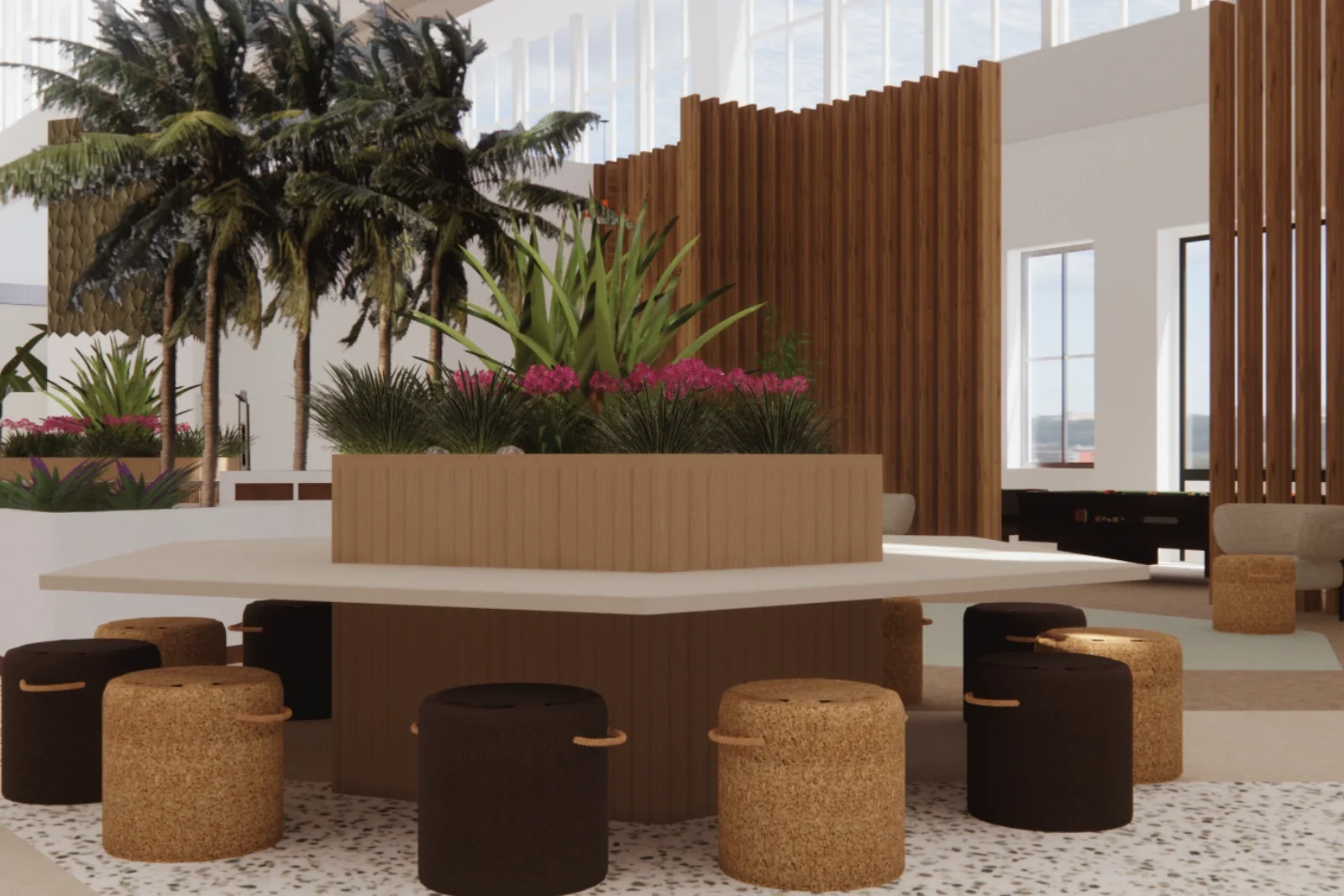 3D-visualisatie van de grote ontmoetingstafel in de entree van Groots Adviesgroep, met een groen-eiland als natuurlijk middelpunt. De warme houten basis en het lichte blad zorgen voor een rustige, moderne uitstraling, terwijl de beplanting en kleurri