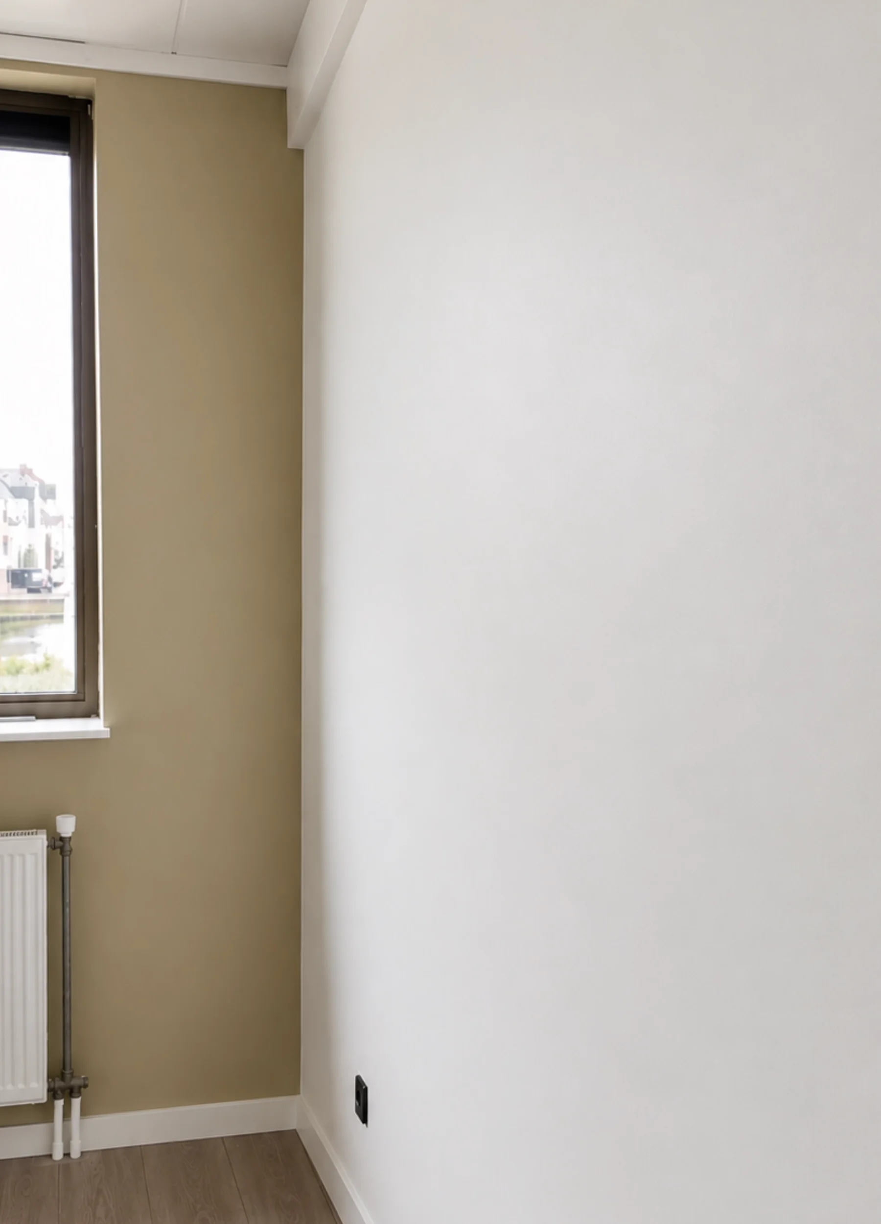 Combinatie van een warme groentint en een lichte neutrale wand in een werkkamer in Heemskerk.