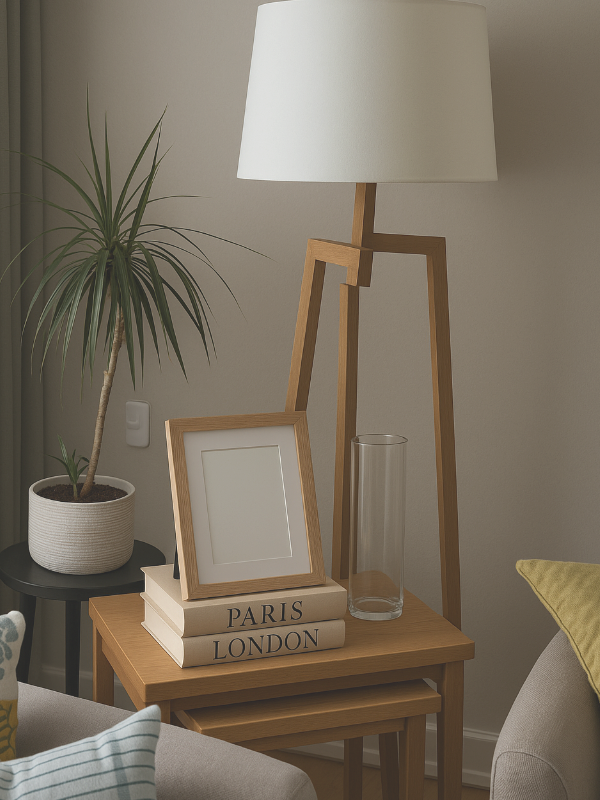 Deze foto laat een sfeervol gestylde bijzettafel zien uit de woonkamer & eetkamer make-over, met een warme houten tafel, rustige accessoires en natuurlijke materialen. De staande lamp met witte kap zorgt voor zachte verlichting, terwijl de plant en n