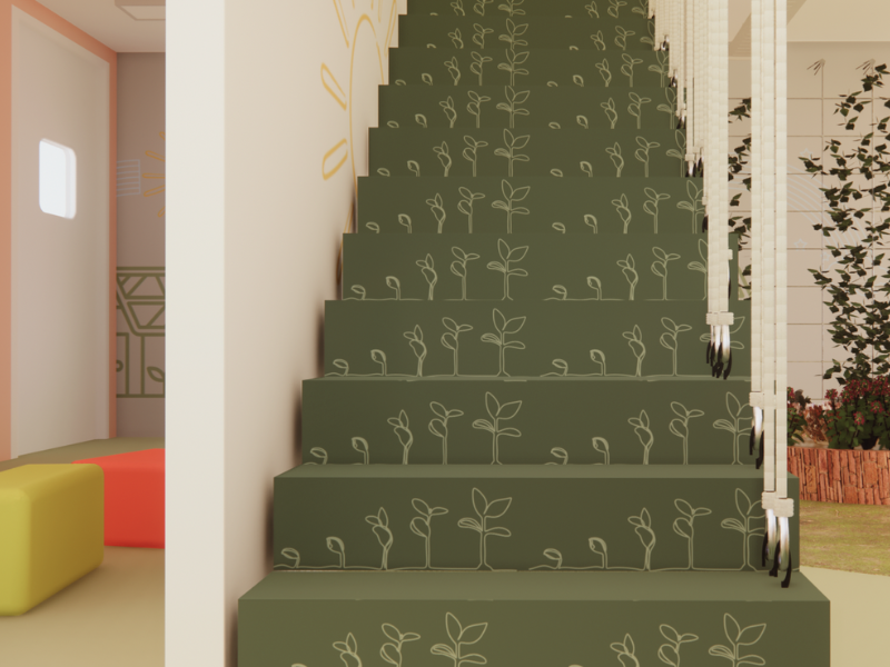 De groene trap naar het restaurant bij De Groentjes: koken en casa, als speels verbindingspunt tussen de kapstokzone en de indoor moestuin. Het zachte groen met subtiel plantmotief sluit mooi aan op het natuurlijke thema en brengt rust in de route do