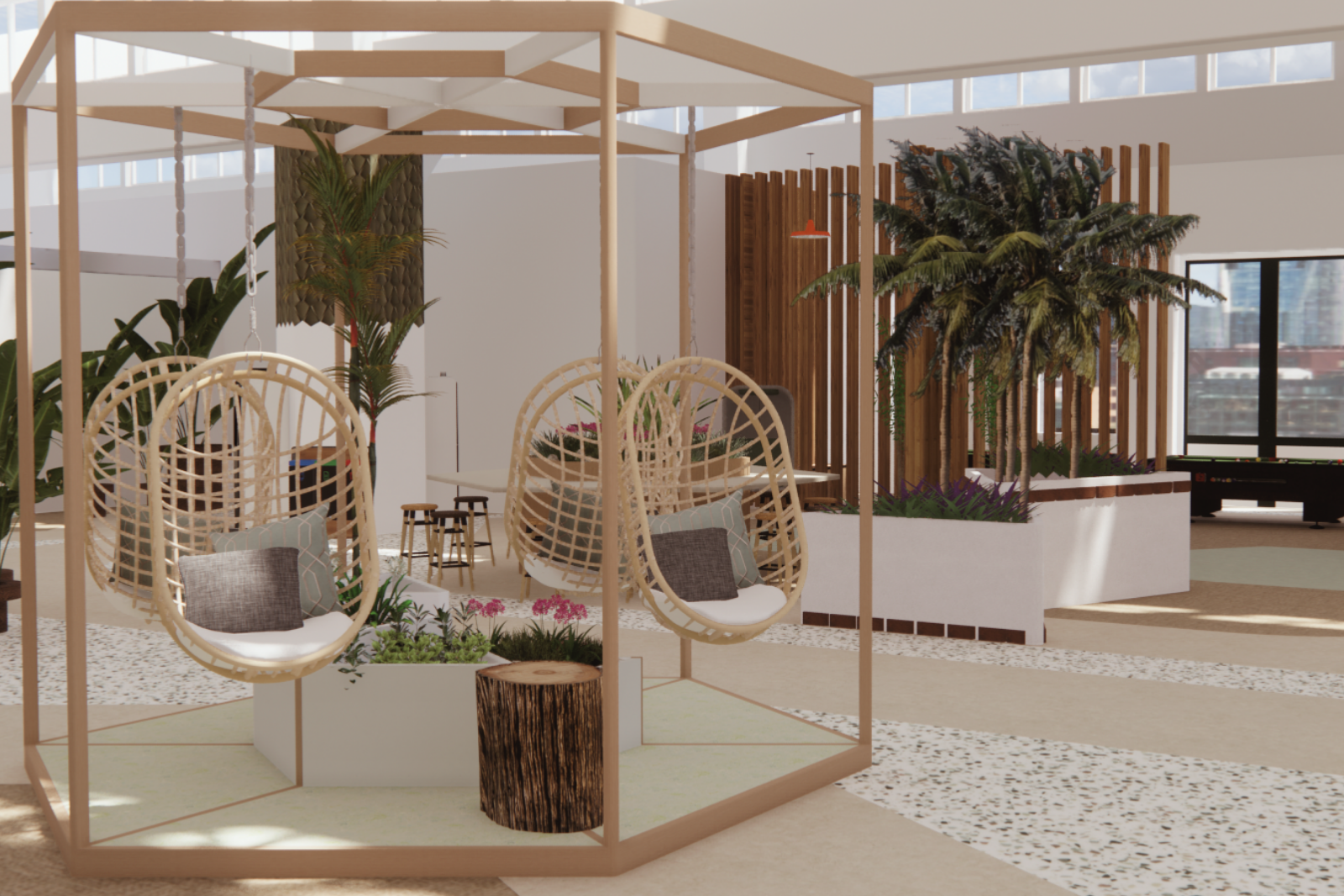3D-visualisatie van een ontspannen ontmoetingsplek in de entree van Groots Adviesgroep: een licht houten paviljoenframe met twee schommelstoelen, omringd door groen en zachte, natuurlijke materialen. De open constructie maakt de ruimte luchtig en tra
