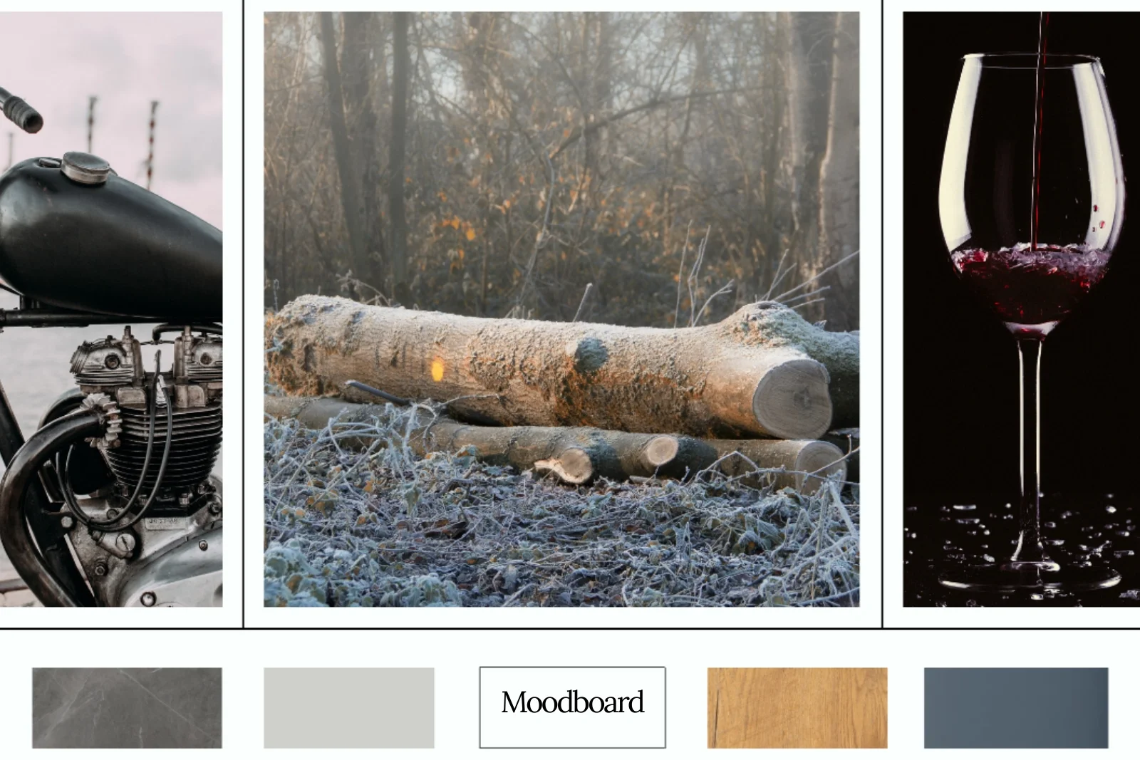 Moodboard met stoere, robuuste en warme uitstraling, geïnspireerd op wijn proeven: donker staal, vergrijsd hout, natuursteen en diepe wijnrode accenten. Krachtige texturen en aardse tinten vormen een mannelijke, sfeervolle basis met een luxe, gezelli