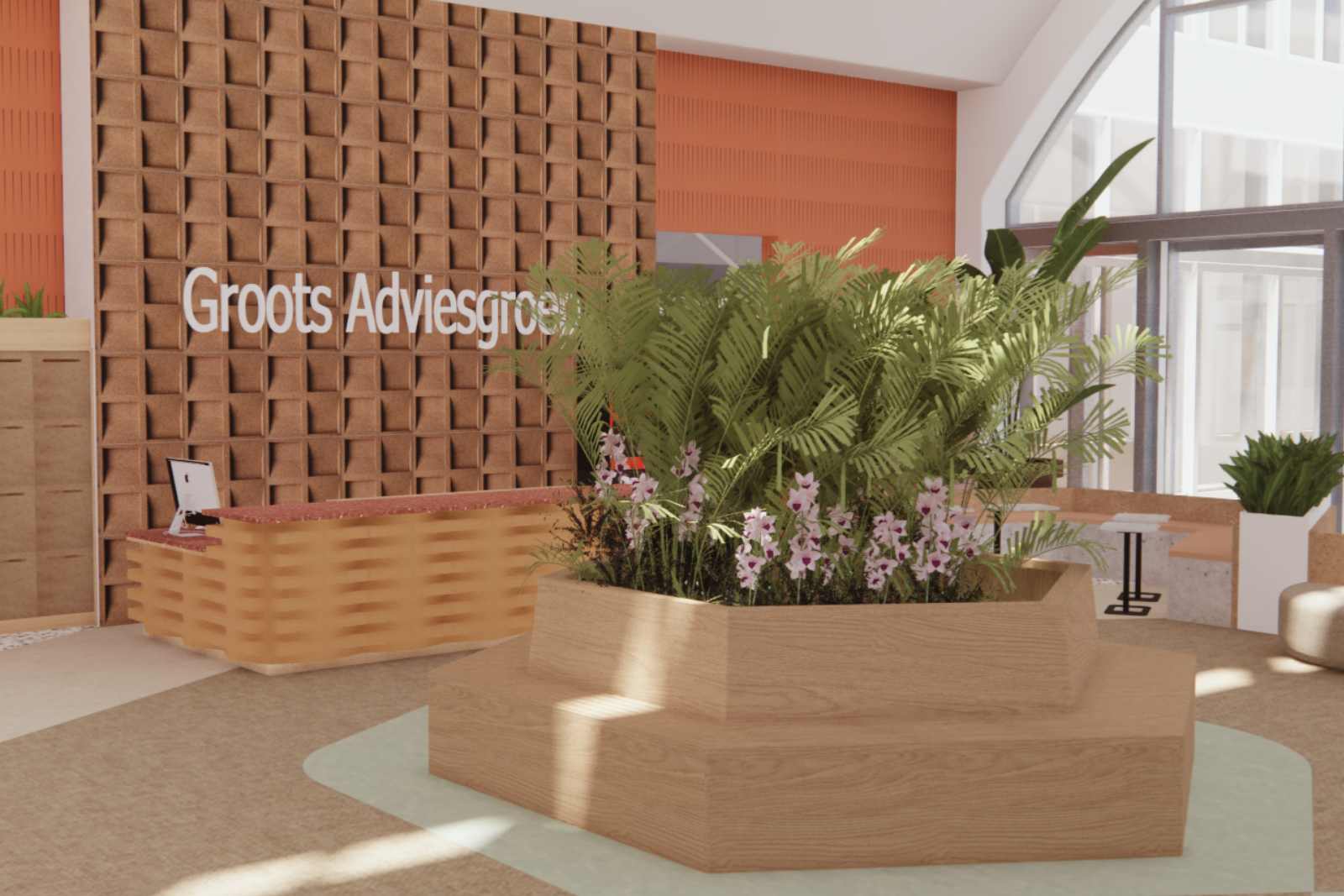 3D-visualisatie van de receptiezone bij Groots Adviesgroep, ontworpen als een warme en open entree met een parkachtige sfeer. De houten receptiebalie en de karaktervolle wandstructuur geven direct identiteit, terwijl het groen-eiland met geïntegreerd