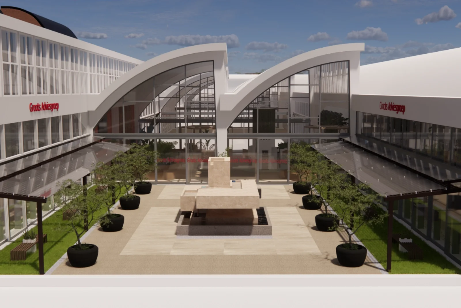 3D-visualisatie van het binnenplein bij de entree van Groots Adviesgroep: een lichte, moderne ontvangstzone met een sculpturale waterpartij, zachte zand- en steentinten en een heldere balans tussen groen en open ruimte. De glazen gevel en de karakter