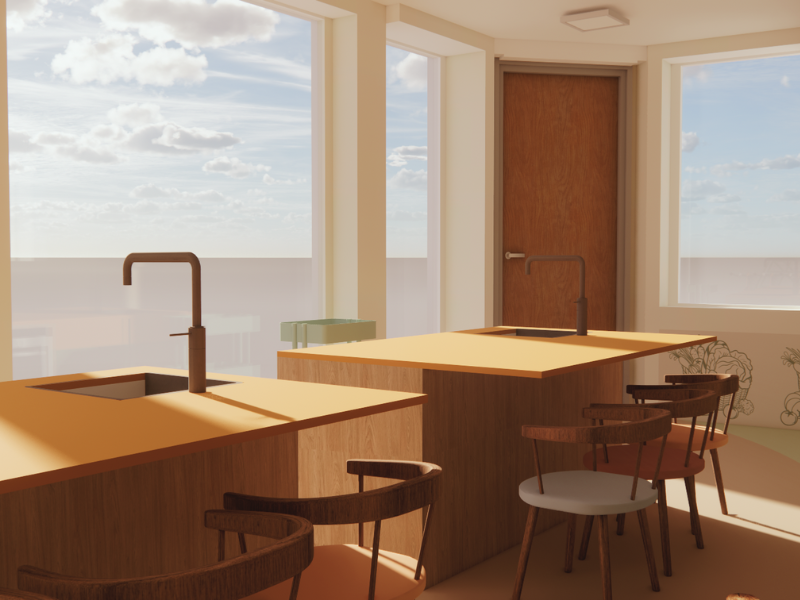 Twee warme kookeilanden in de workshopruimte van De Groentjes: koken en casa, waar kinderen zelf aan de slag mogen. Met veel daglicht, natuurlijke houttinten en fijne krukken voelt de ruimte open en rustig, maar ook praktisch en uitnodigend. Hier ber