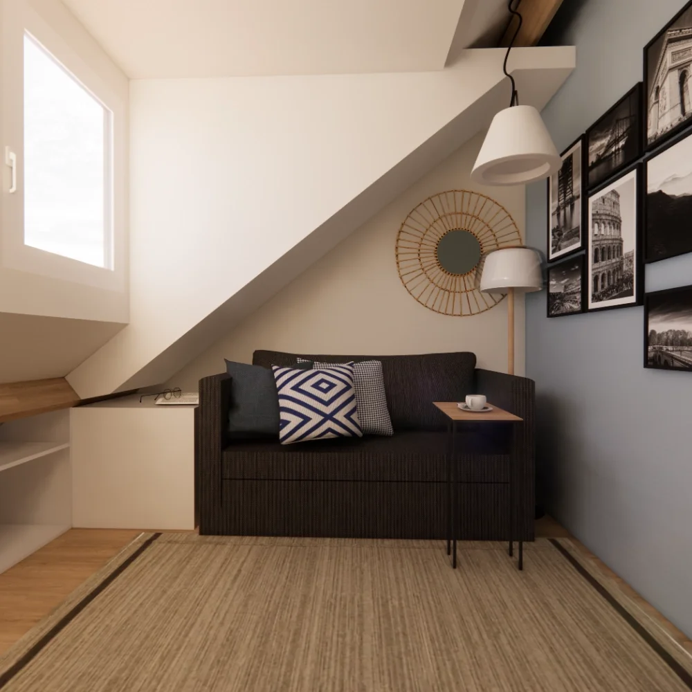 Deze 3D/VR sfeerimpressie toont een alternatief indelingsvoorstel voor een compacte zolderkamer met een multifunctionele slaapbank, tv-meubel en gezellige zithoek. Dankzij de slimme maatwerkoplossingen onder de schuine kap wordt de beschikbare ruimte