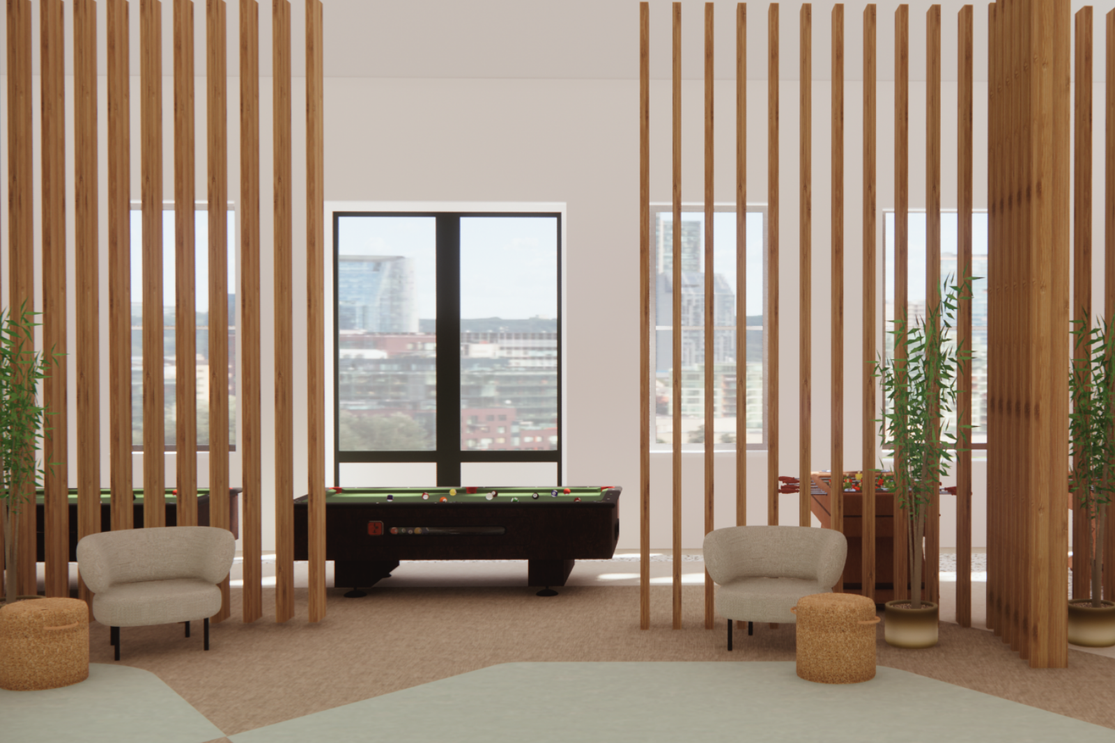 3D-visualisatie van een ontspanningshoek in de entree van Groots Adviesgroep, afgeschermd met een warme houten lamellenwand. De open latstructuur geeft privacy zonder de ruimte te sluiten, waardoor licht en zichtlijnen behouden blijven. Met zachte lo