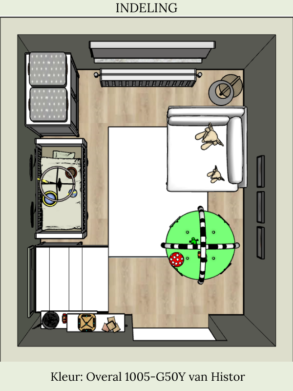 Indelingsplattegrond (bovenaanzicht) van een baby-/kinderkamer. Bovenin zit het raam met radiator eronder. Links staan opbergmeubels met daarnaast het ledikant, en linksonder de commode/verschoonplek. Rechts is een rustige zit-/voedingshoek met een c