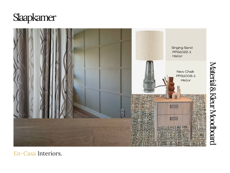 Materiaal- en kleurmoodboard slaapkamer met paneelwand, gordijnen, lamp en houttinten – En-Casa interieuradvies.