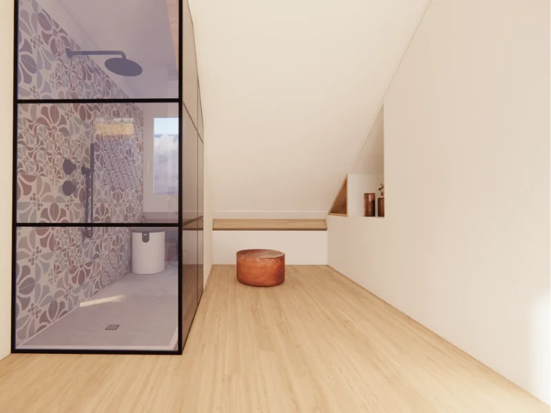 Deze 3D/VR sfeerimpressie van een zolderbadkamer combineert een moderne glazen douchewand met sfeervolle patroontegels en lichte houtaccenten. De slimme indeling benut de ruimte onder de schuine kap optimaal en creëert een rustige, warme uitstraling.