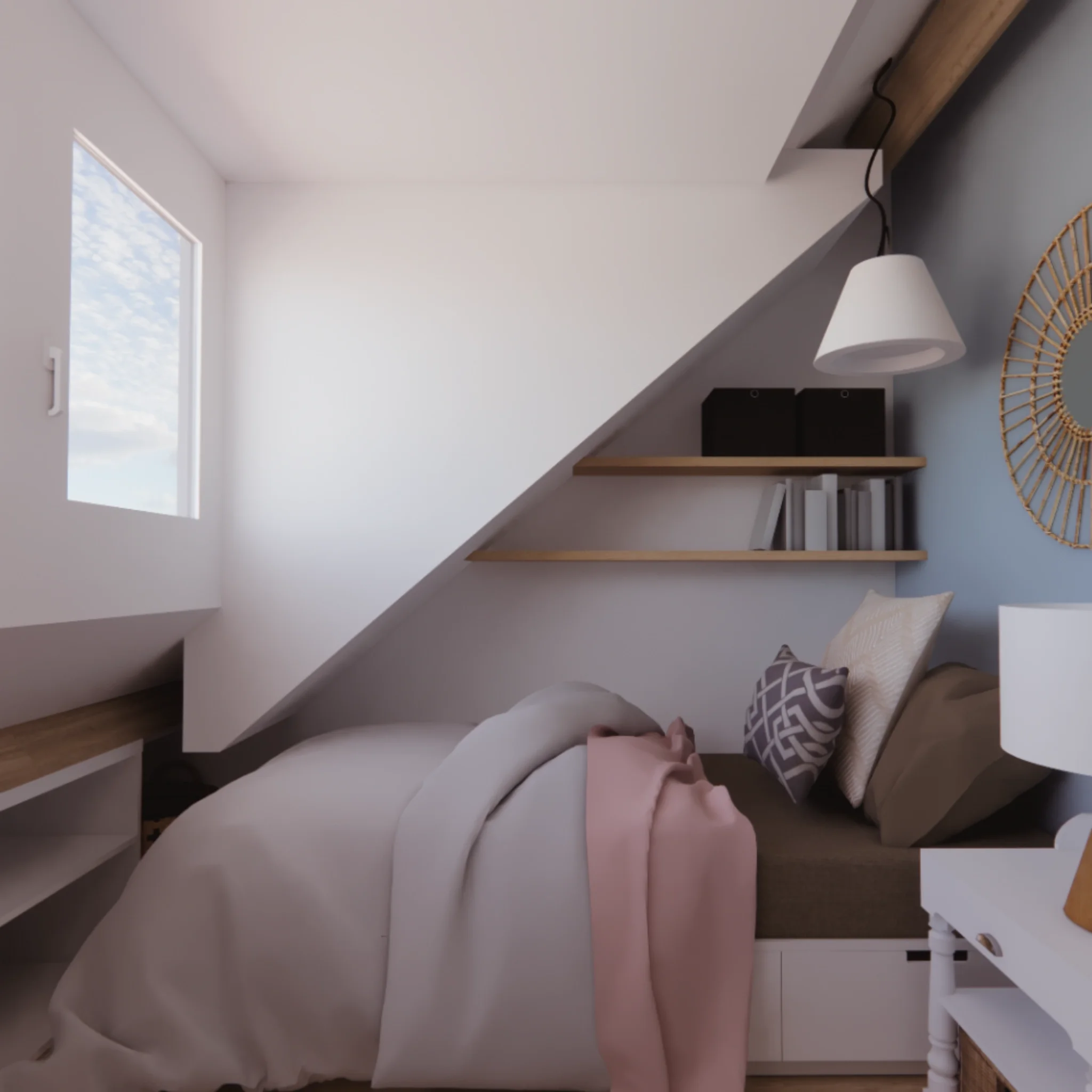 Deze 3D/VR sfeerimpressie toont een van de indelingsvoorstellen voor een compacte zolderkamer, waarbij elke centimeter slim wordt benut. Het bed is geïntegreerd in een maatwerk opstelling met opbergruimte, wandplanken en een ingebouwde zitplek onder 
