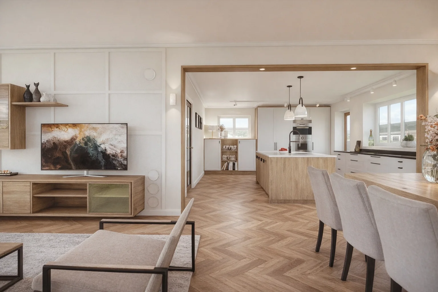 Open keuken en woonkamer met wit maatwerk, eiken kookeiland en visgraatvloer, interieuradvies & styling door En-Casa Interiors.