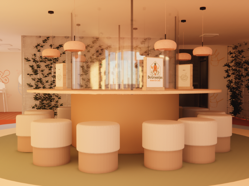 Ronde zit- en eetplek bij De Groentjes: koken en casa, met zachte poefjes en warme, rustige kleuren waar je samen comfortabel kunt zitten én eten. Vanaf deze plek heb je goed zicht op wat er beneden gebeurt, terwijl de transparante, veilige glaswand 