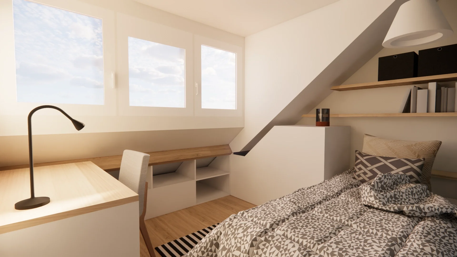 Deze 3D/VR sfeerimpressie toont een alternatief indelingsvoorstel voor een compacte zolderkamer, waarbij een werkplek onder het dakraam wordt gecombineerd met een comfortabele slaapruimte. Maatwerk opbergruimte, open wandplanken en een slim geplaatst