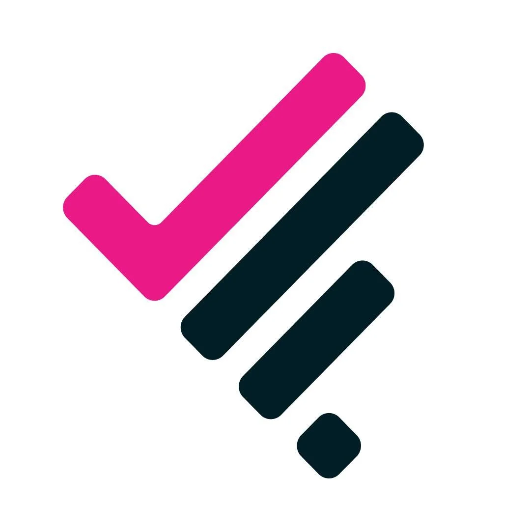 Stylized logo with pink and black check marks arranged diagonally on a white background.