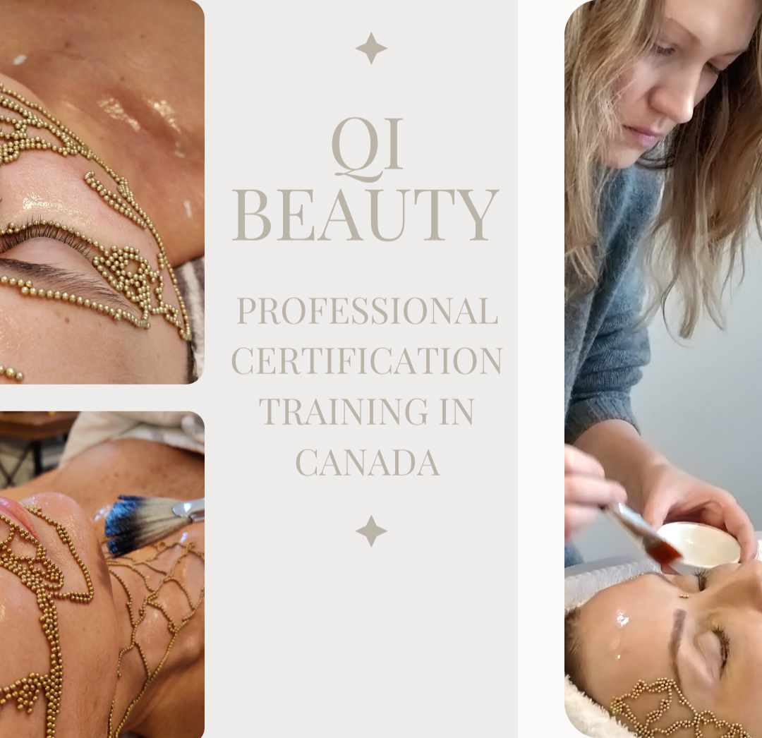 Promotional image for Qi Beauty, showcasing professional certification training in Canada, with images of a woman receiving facial treatment and another woman preparing a treatment with gold body chains.