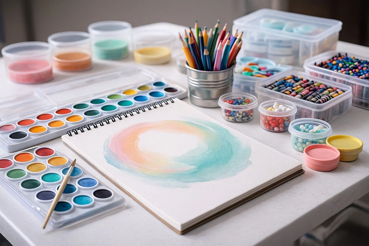 Watercolor art supplies with paints, brushes, and an abstract painting on paper.