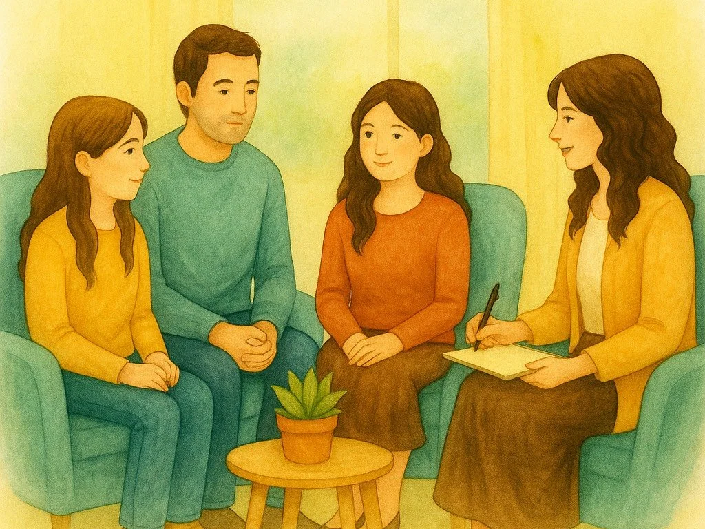 Four people seated on chairs and a sofa in a softly lit room, with one person holding a notepad.