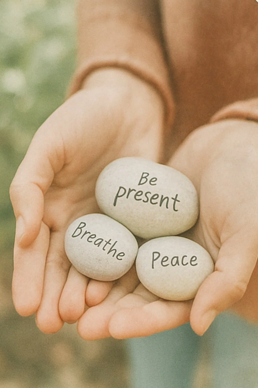 Person holding three stones labeled "Be present," "Breathe," and "Peace."
