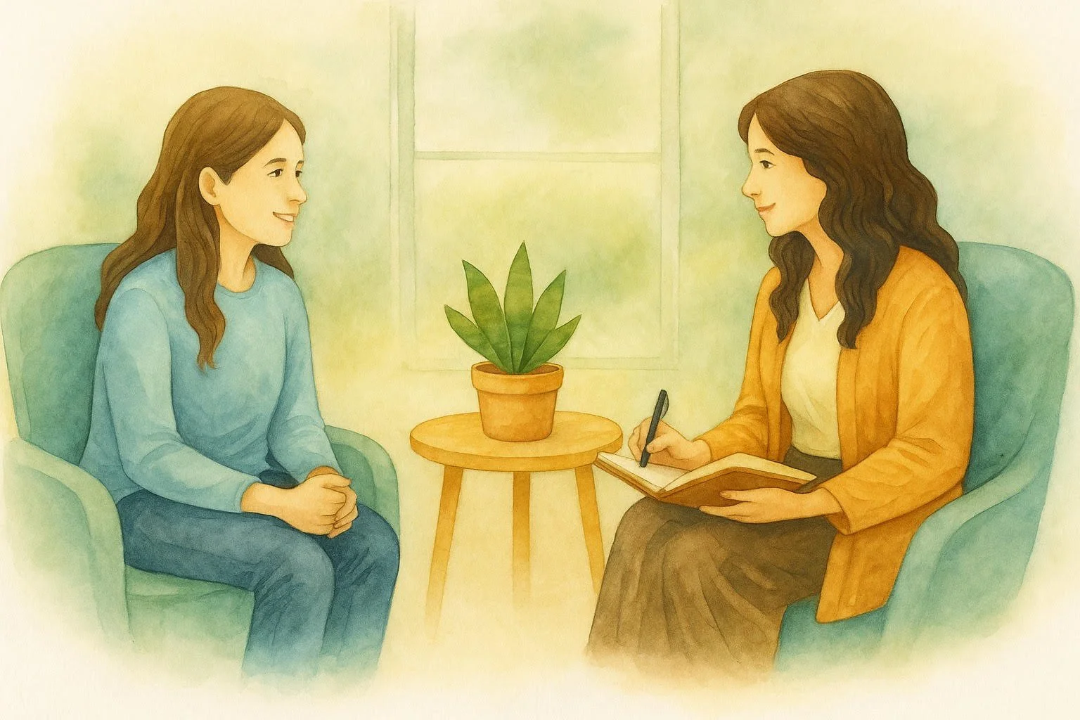 Two people seated in armchairs with a small table and plant between them in a softly lit room.