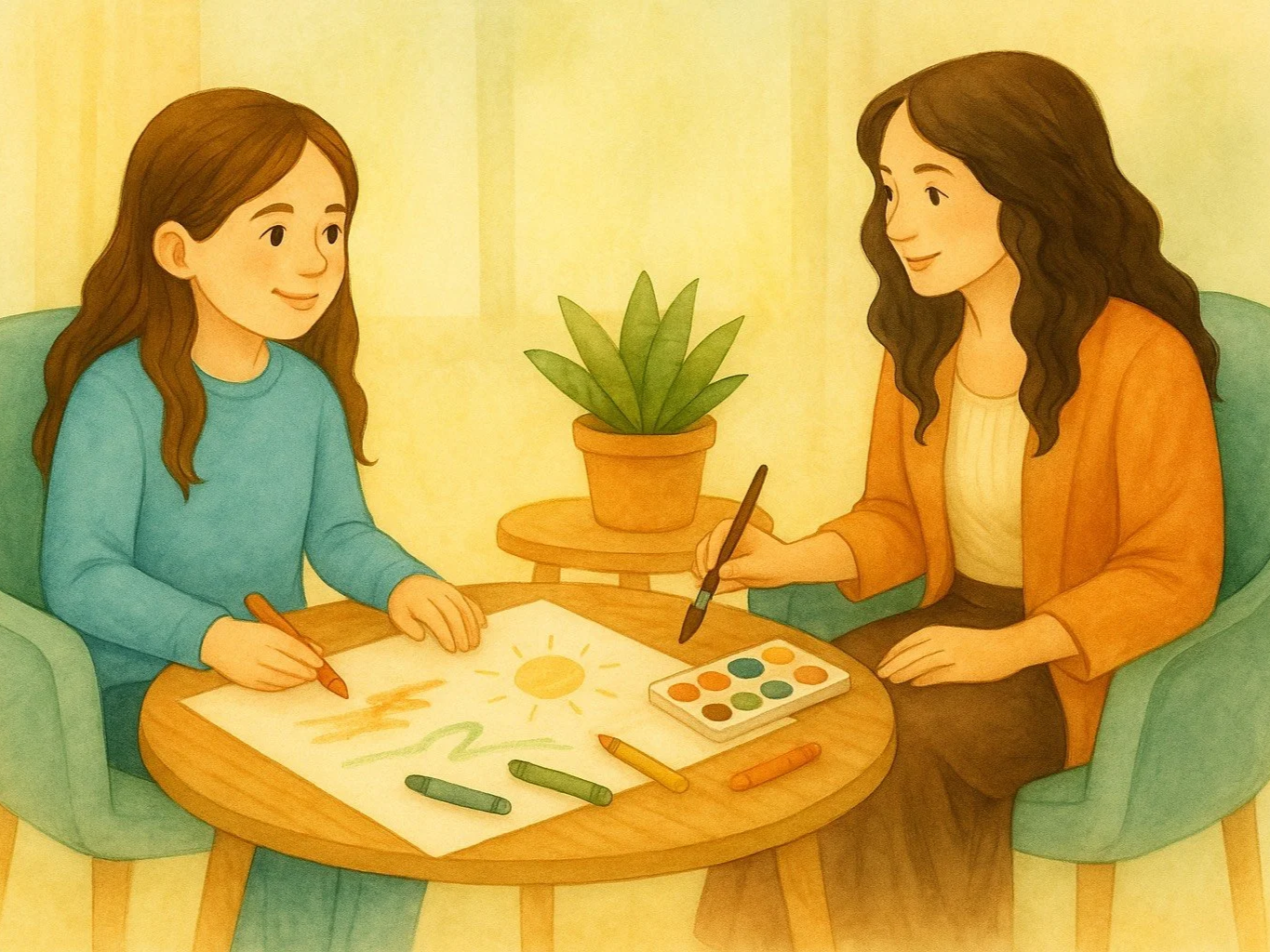 Two people seated at a table using colorful markers to draw together, with a plant nearby.